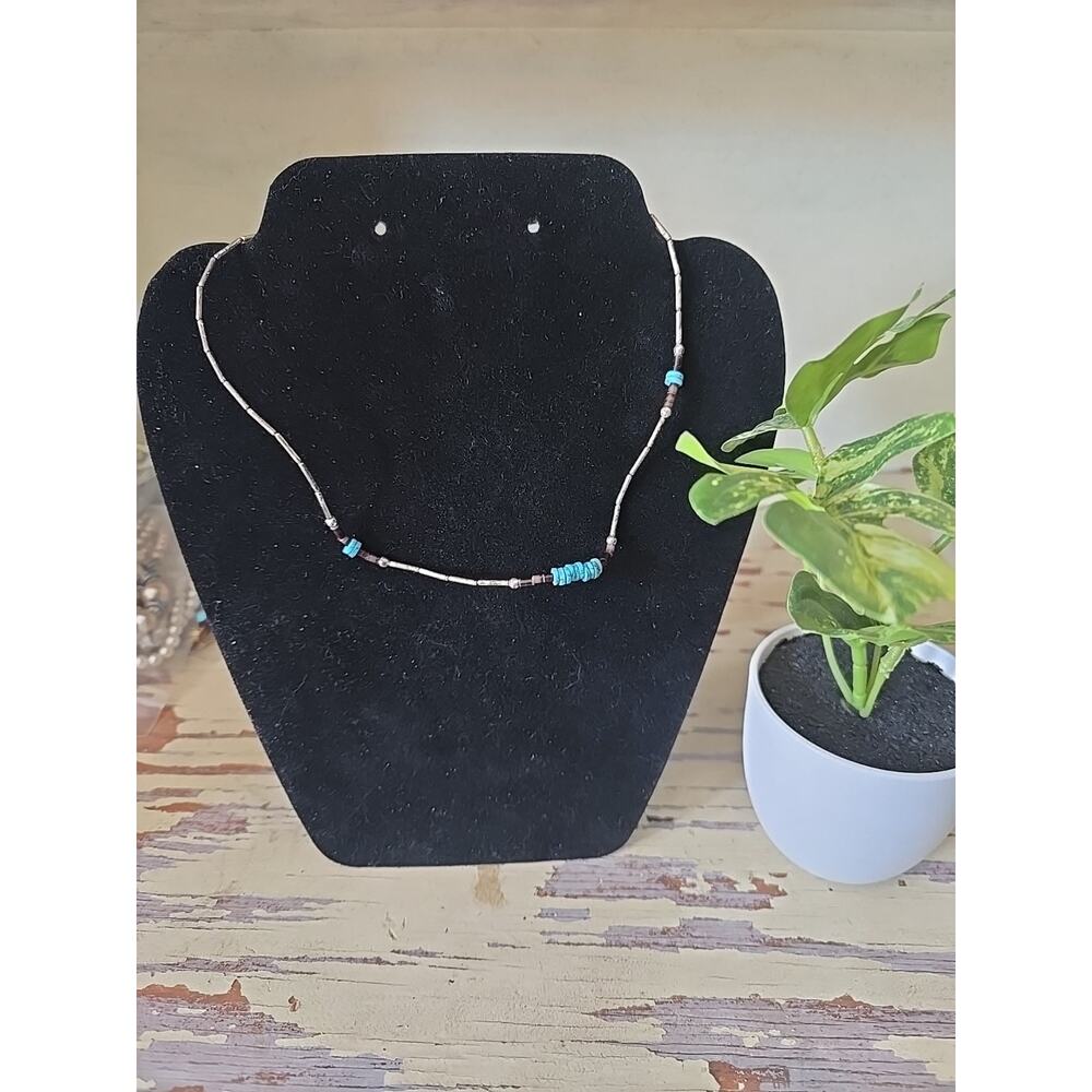 Vintage Liquid Silver Style Turquoise Heishi Bead Necklace Southwestern Boho